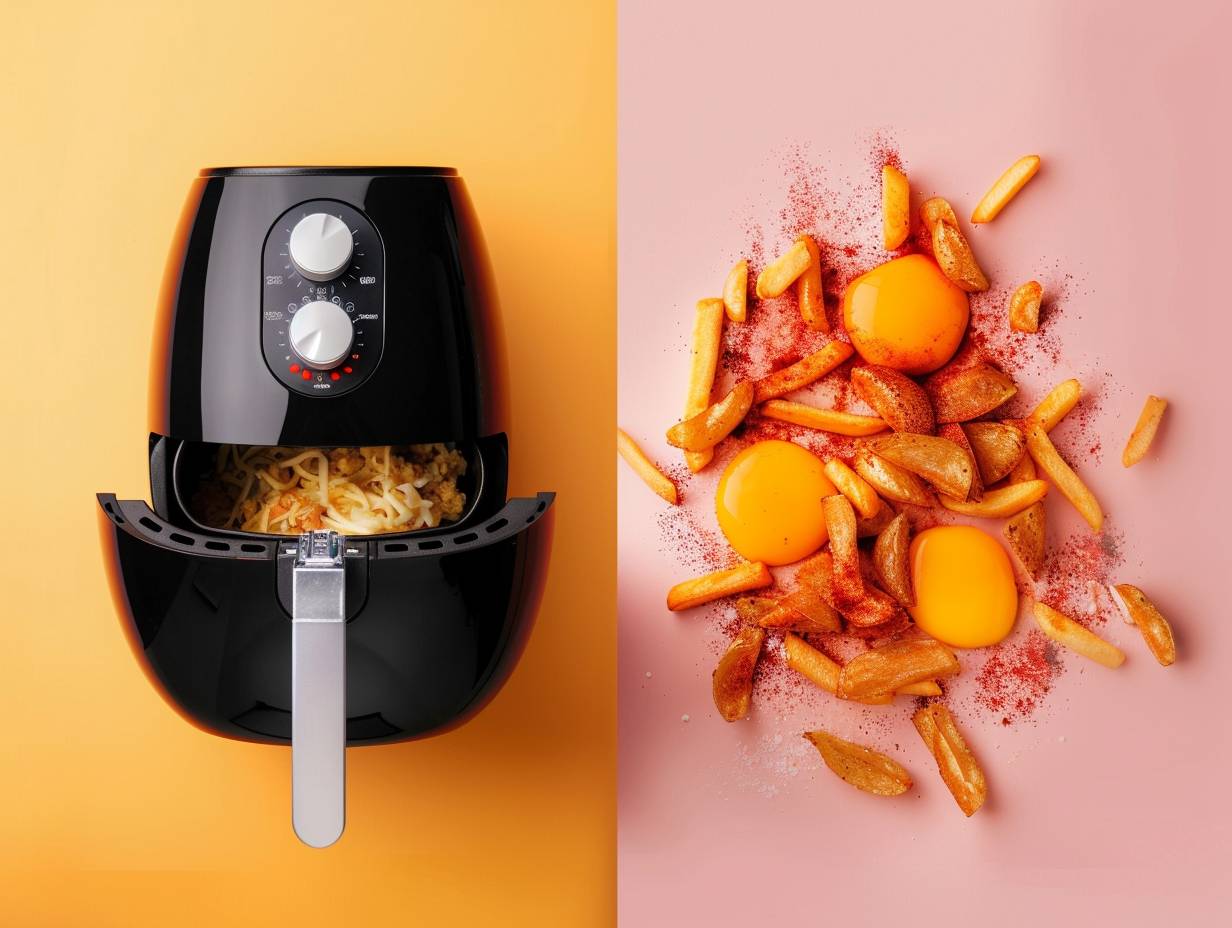 A split-screen comparison of an air fryer using minimal electricity (myth) versus the actual energy consumption (reality).