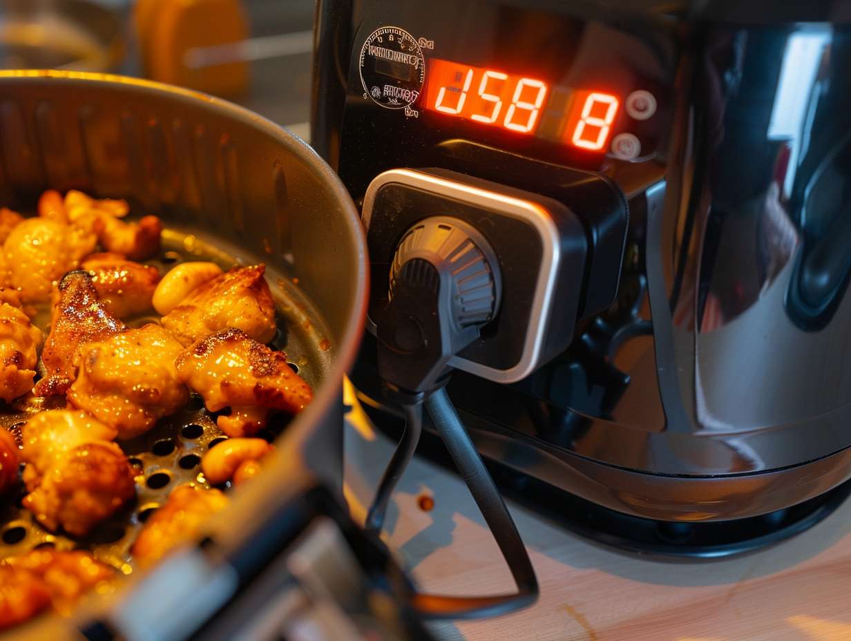 An image depicting an air fryer plugged into a power meter, displaying the exact power consumption in watts.