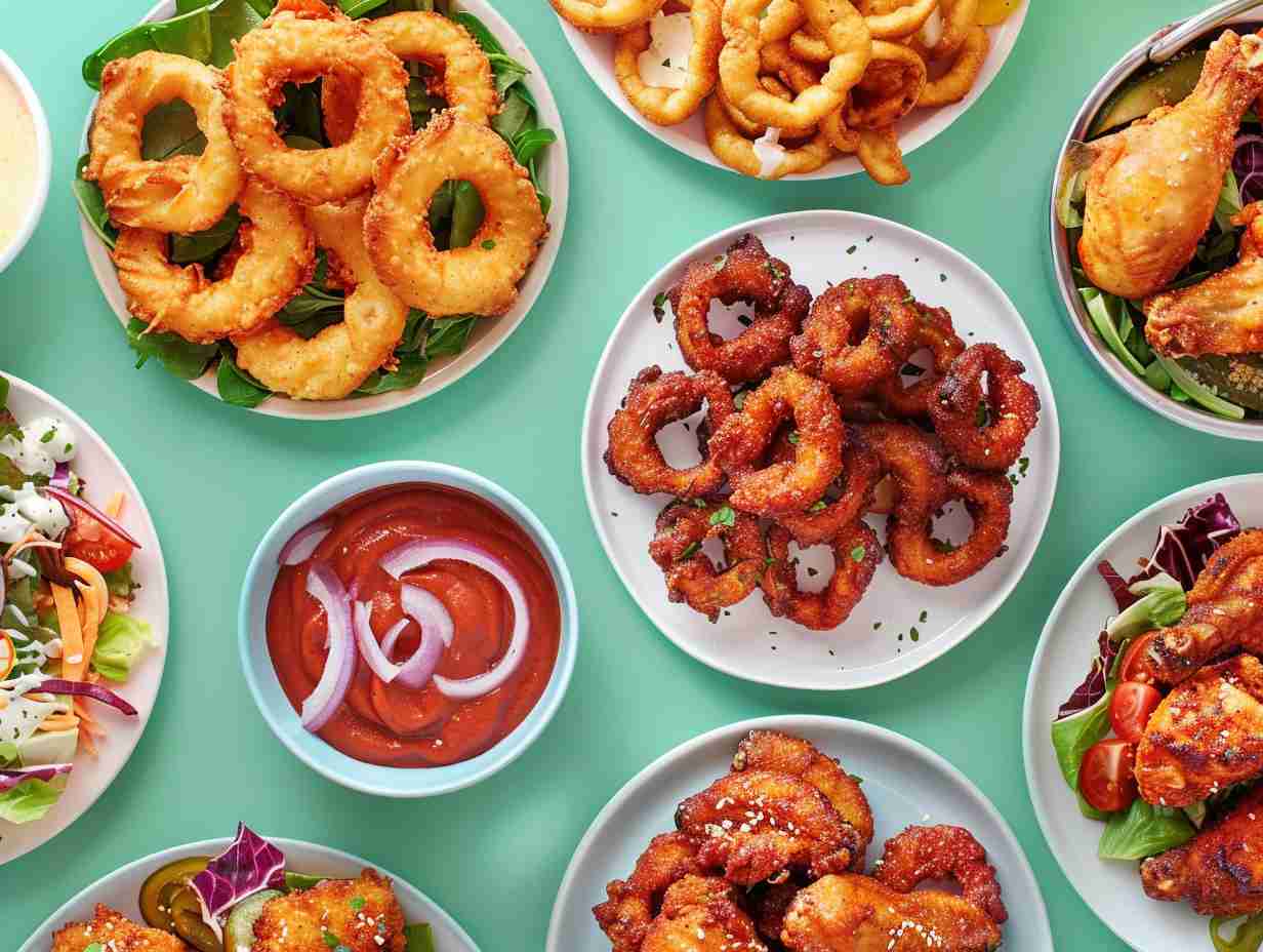 A colorful array of perfectly crispy dishes prepared with an air fryer, including golden onion rings and mouthwatering chicken wings.