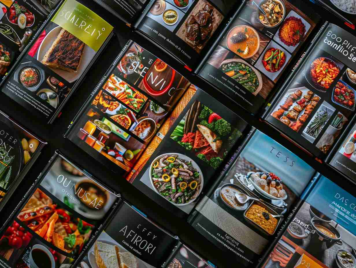 A variety of vibrant and enticing air fryer recipe books neatly arranged, displaying different cuisines and categories.