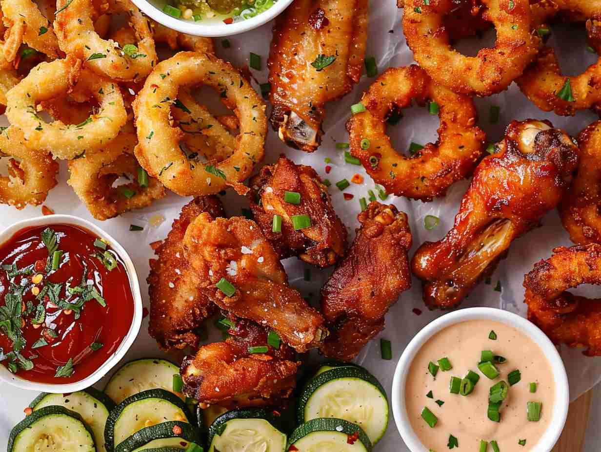 A vibrant array of crispy, golden-brown delights including zucchini fries, chicken wings, and onion rings, all cooked to perfection using an air fryer.