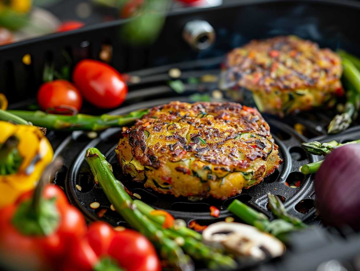 A golden crispy zucchini fritter sliding out of an air fryer surrounded by vibrant veggies like bell peppers, asparagus, and mushrooms, all perfectly cooked to perfection.