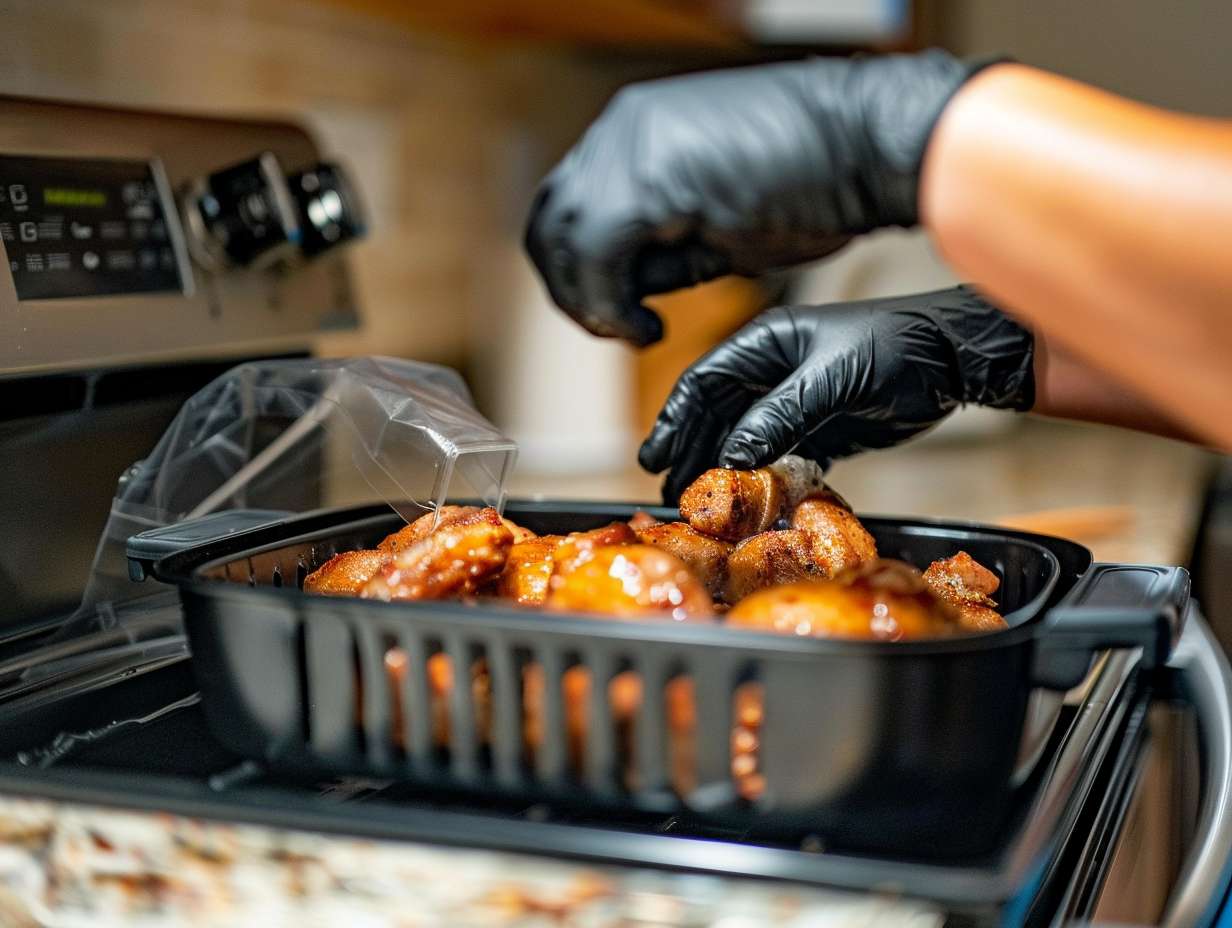 Person wearing heat-resistant gloves and goggles placing raw food into a plugged-in air fryer