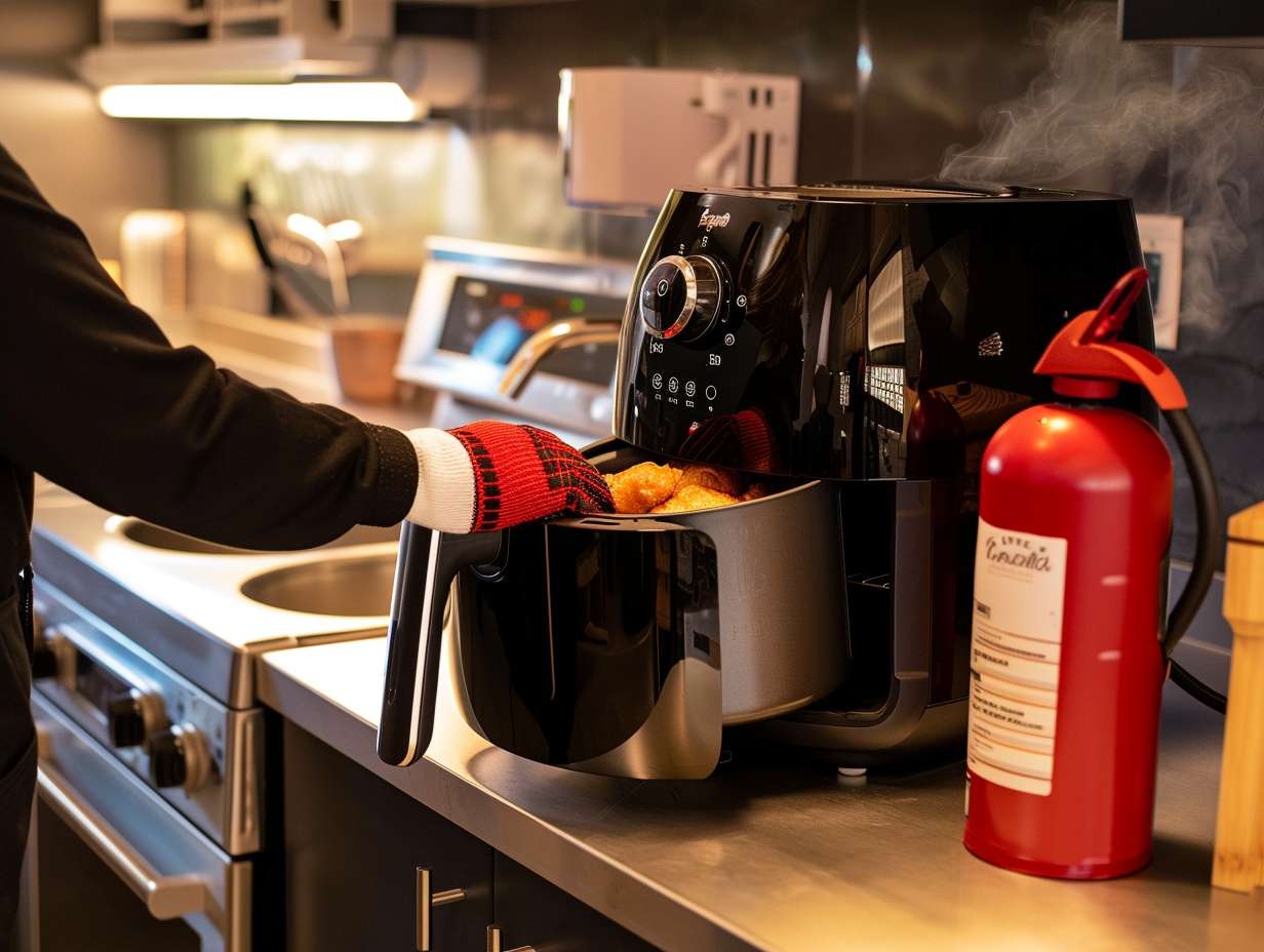 Person safely placing food inside an air fryer in a well-lit kitchen