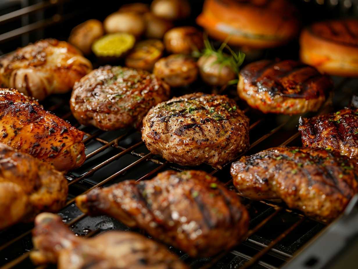 A spacious cooking basket filled with whole chickens, burgers, and crispy vegetables showcasing the versatility of large capacity air fryers.