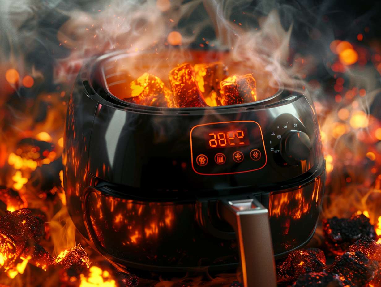 An air fryer with a digital display showing a high temperature setting, causing smoke to billow out and burnt food surrounding it.