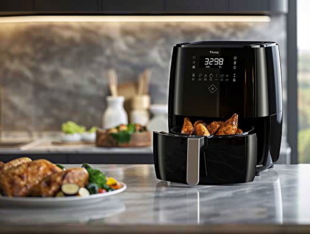 A sleek air fryer with a digital display panel, set at a precise temperature of 375°F, showcasing perfectly cooked golden crispy food inside.