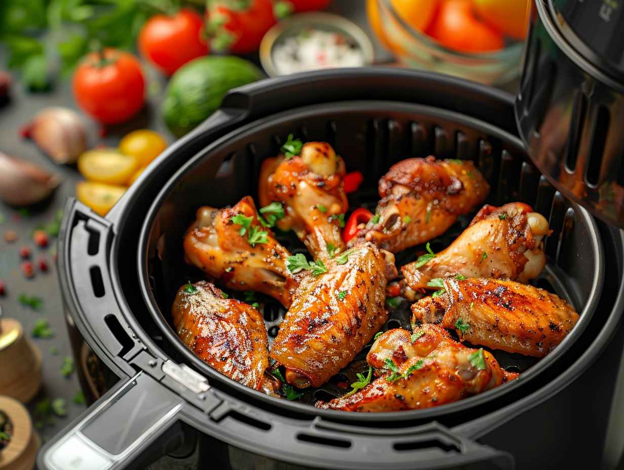 A sizzling air fryer basket filled with golden-brown chicken wings, surrounded by crispy roasted vegetables and aromatic herbs