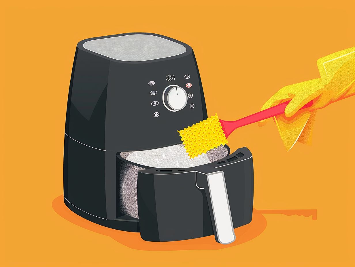 Step-by-step guide to cleaning an air fryer - a sponge wiping the interior, a brush reaching into the crevices, and a cloth polishing the exterior.