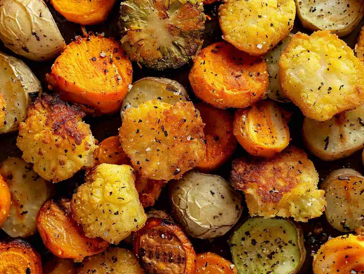 Golden-brown crispy air-fried vegetable medley with tantalizing char marks and a light, airy coating