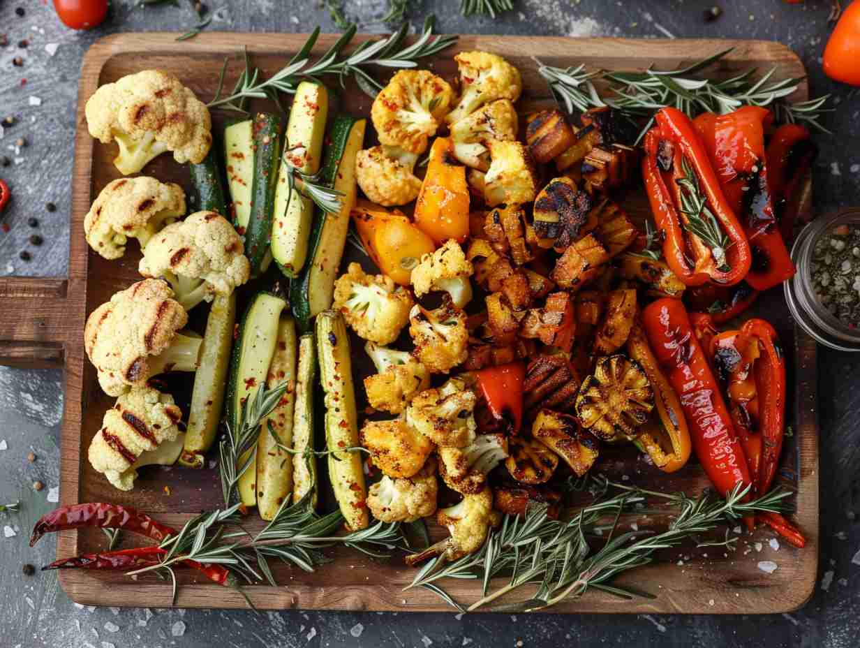 A vibrant array of golden and crispy air-fried vegetables arranged on a rustic wooden platter, including zucchini fries, cauliflower bites, and charred bell peppers.