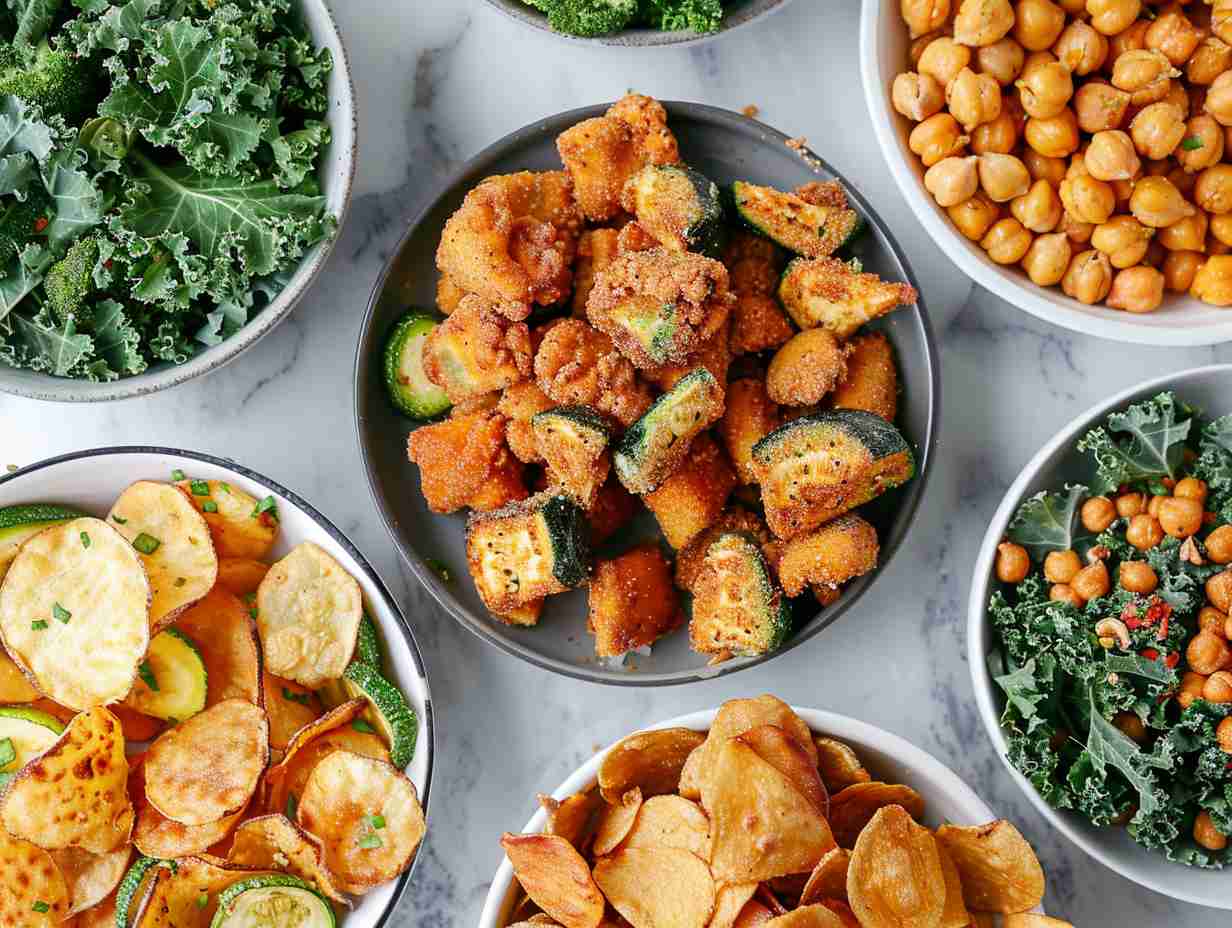 A colorful array of guilt-free air fryer snacks including crispy kale chips, golden zucchini fries, and savory chickpea poppers.