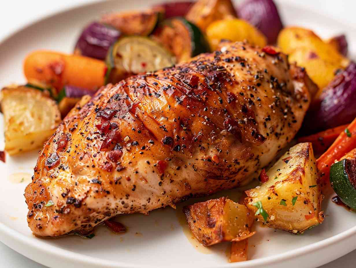 Golden-crisp air-fried chicken breast with colorful roasted vegetables on a white plate