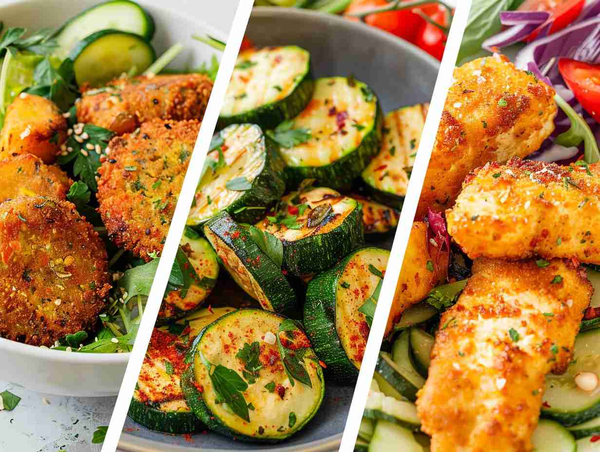 A colorful array of low-calorie air fryer lunch recipes including golden baked falafel, crisp zucchini fries, mouthwatering chicken skewers, and a vibrant salad bursting with fresh veggies.