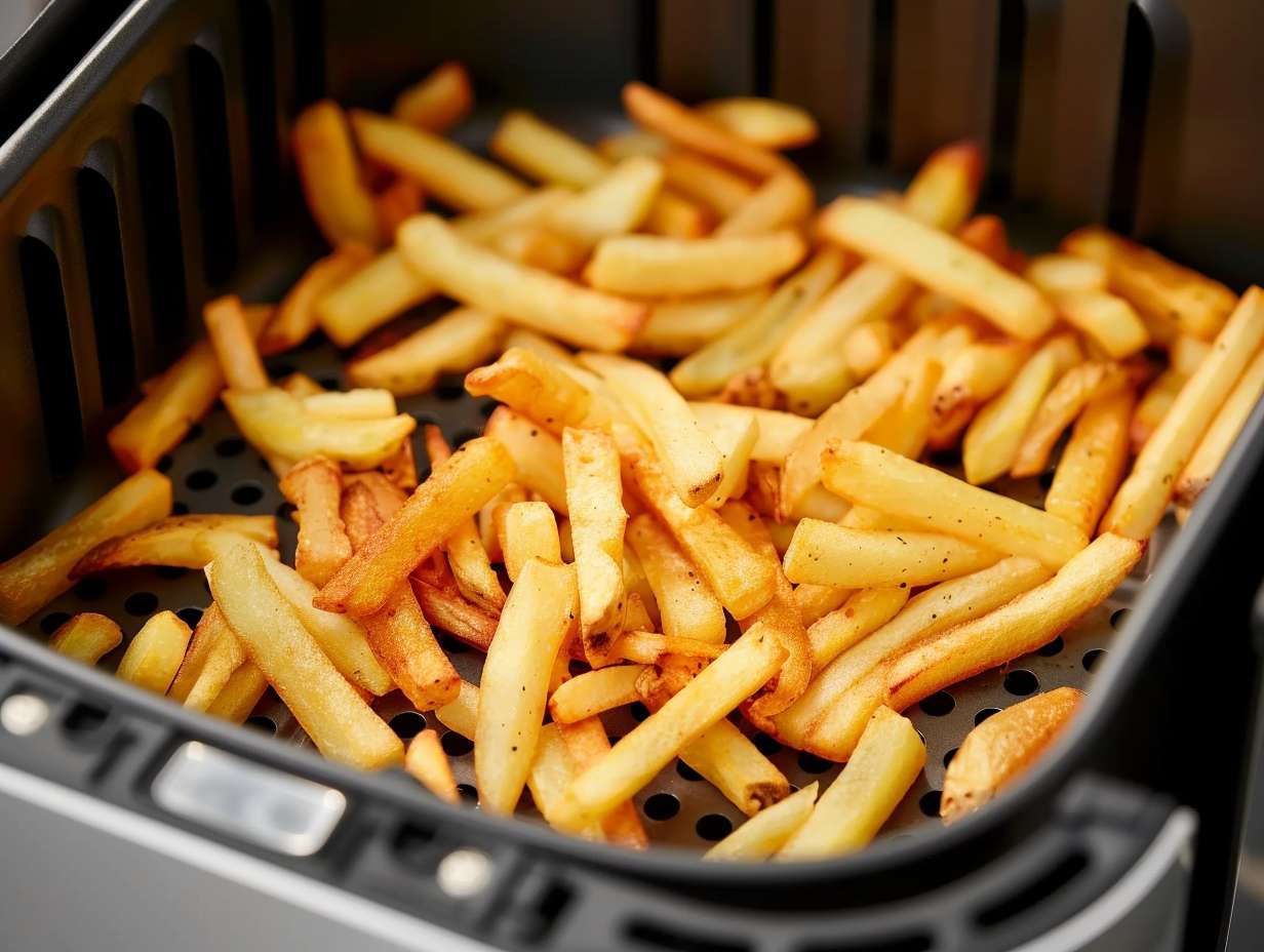 A modern, stainless steel air fryer with a sleek, rectangular basket design, showing golden, crispy fries through the perforated surface.