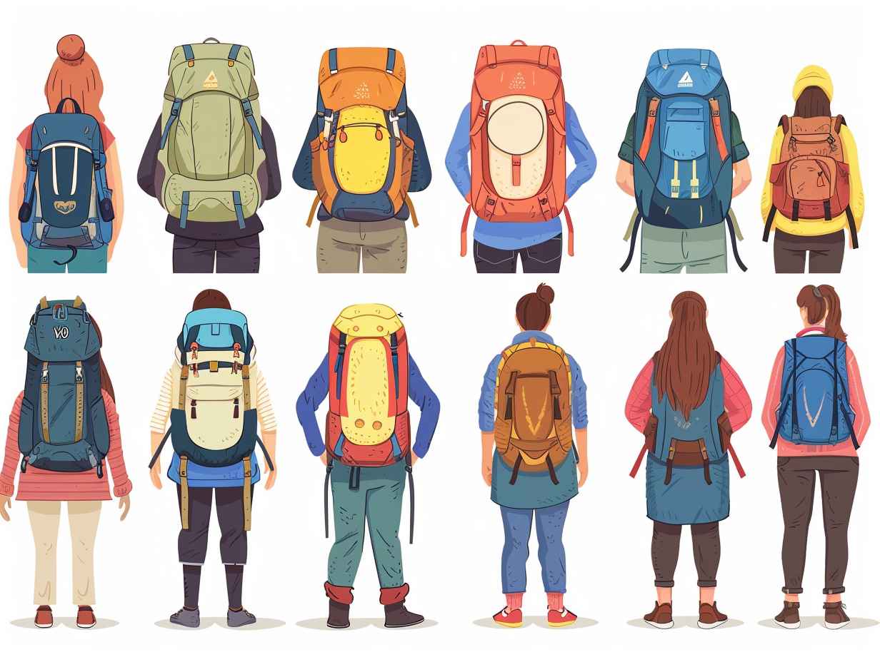 A diverse group of people wearing different types of backpacks including hiking travel and school backpacks to illustrate proper fit and comfort for a blog post about Backpack Types and Packing Tips