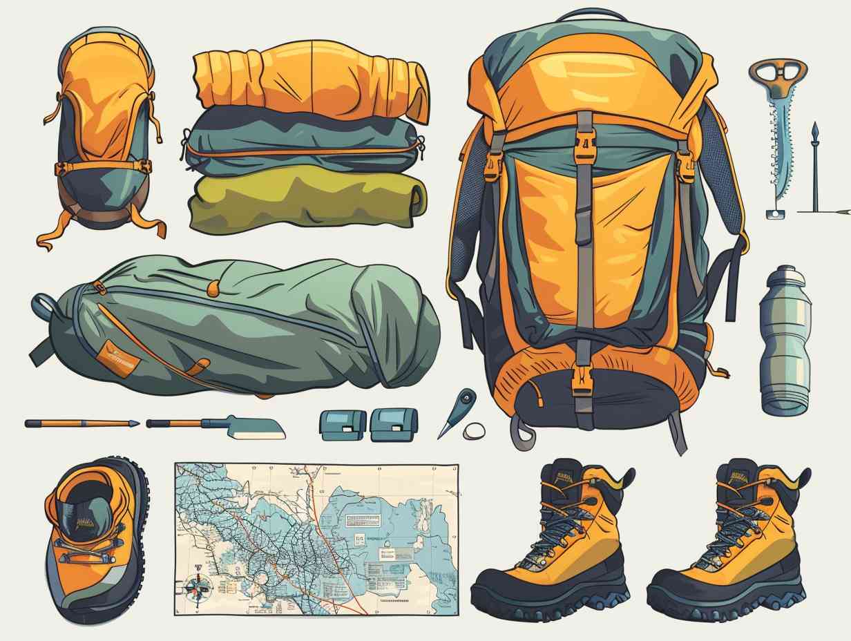 A variety of backpack types packed with outdoor adventure essentials like a sleeping bag water bottle map and hiking boots