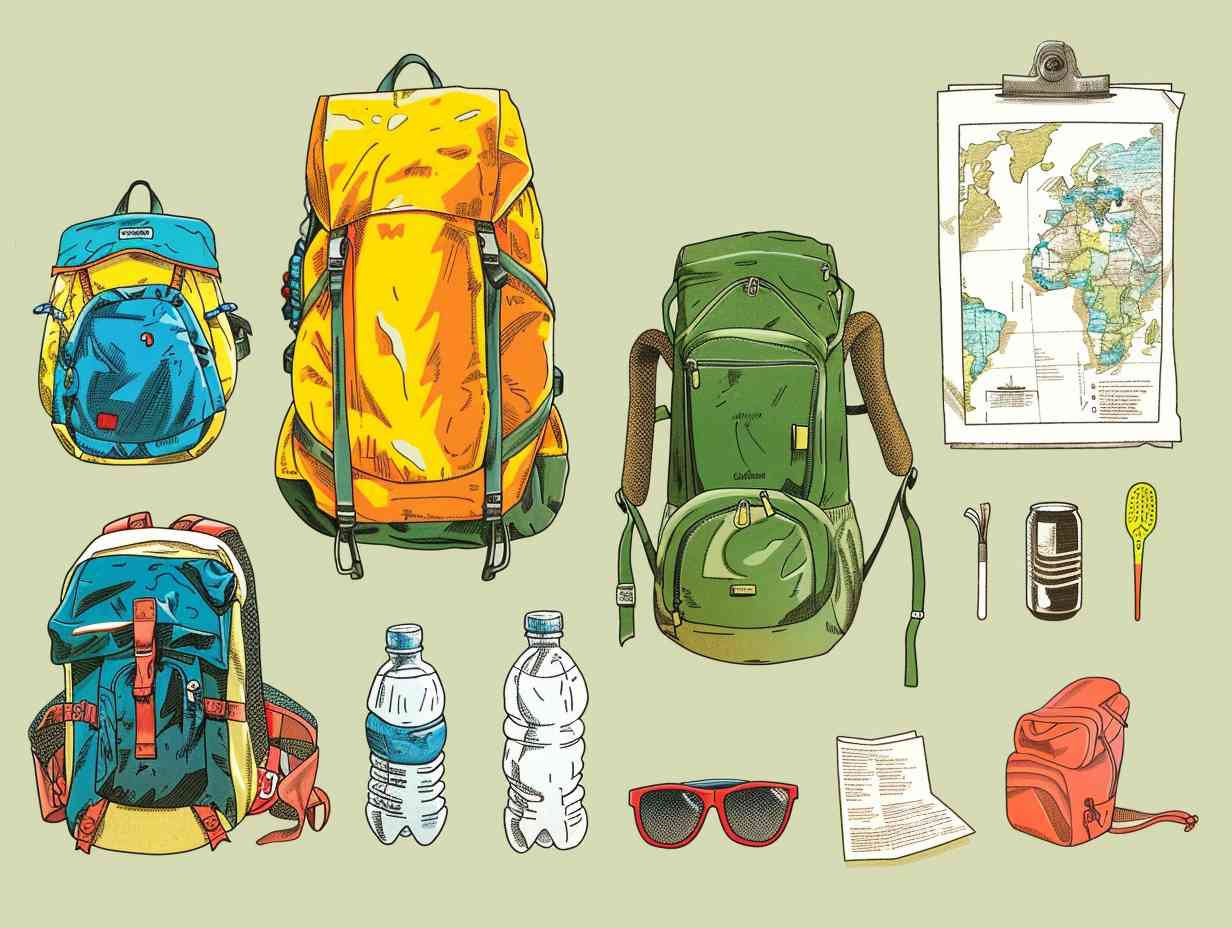 Various backpack types with packing essentials spilling out including water bottle, map, sunglasses, and neatly rolled clothes