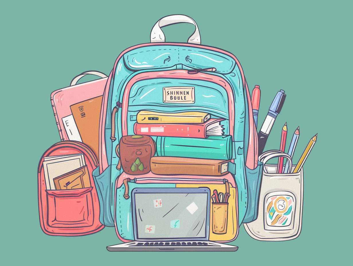 A variety of school backpacks neatly packed with books supplies and accessories including sections for laptops books pens and snacks