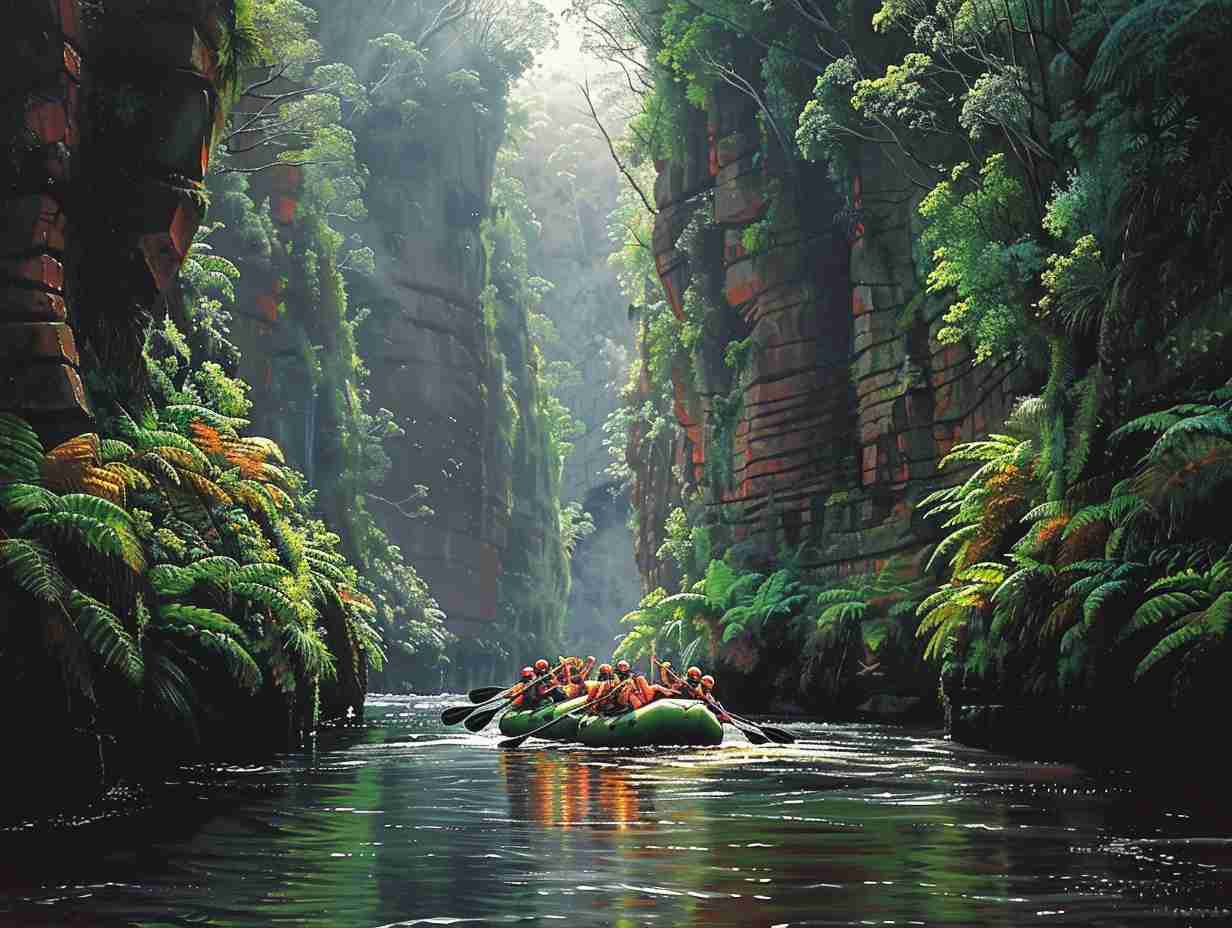 Group of rafters navigating through lush rainforest gorges of Franklin River in Australia with crystalclear waters towering cliffs and abundant wildlife