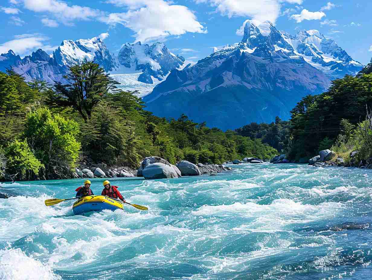 A raft navigating the turquoise waters and rugged terrain of Futaleuf River in Chile with towering mountains in the background