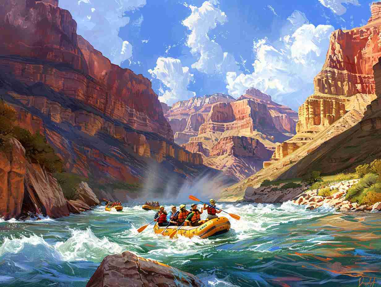 Group of rafters navigating through the white-water rapids of the Grand Canyon with red rock cliffs in the background