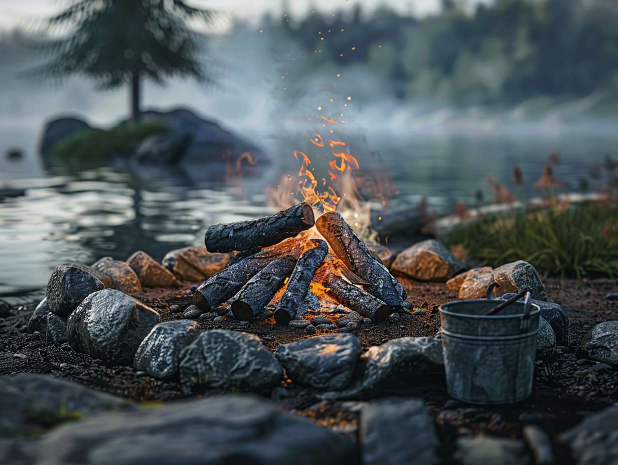 A safe campfire setup with a ring of rocks, kindling, logs of various sizes, and a bucket of water nearby for safety.