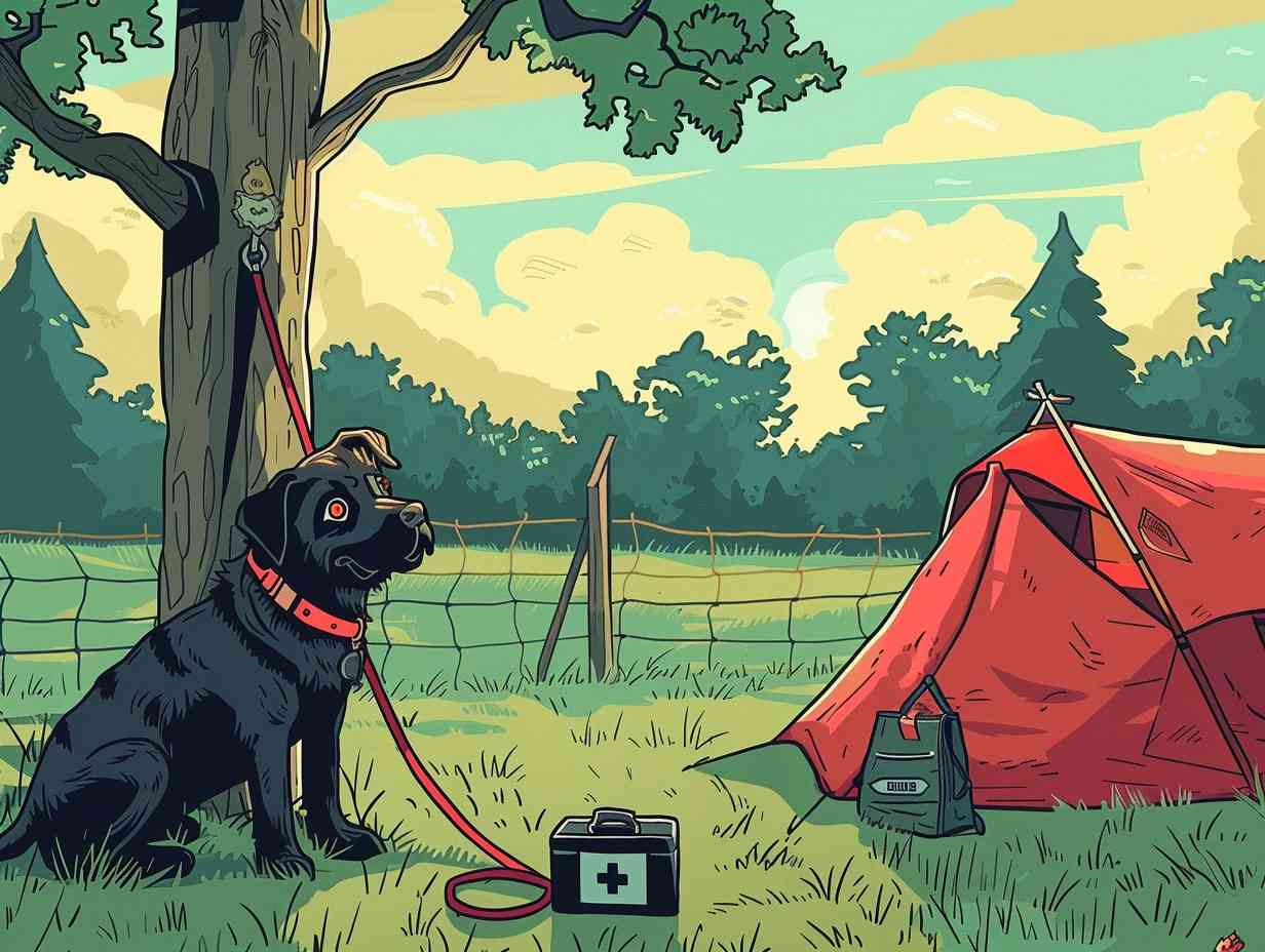 A safe campsite for pets with a dog wearing a reflective collar a secure leash tied to a tree a pet first aid kit and a fenced area for pets to roam safely