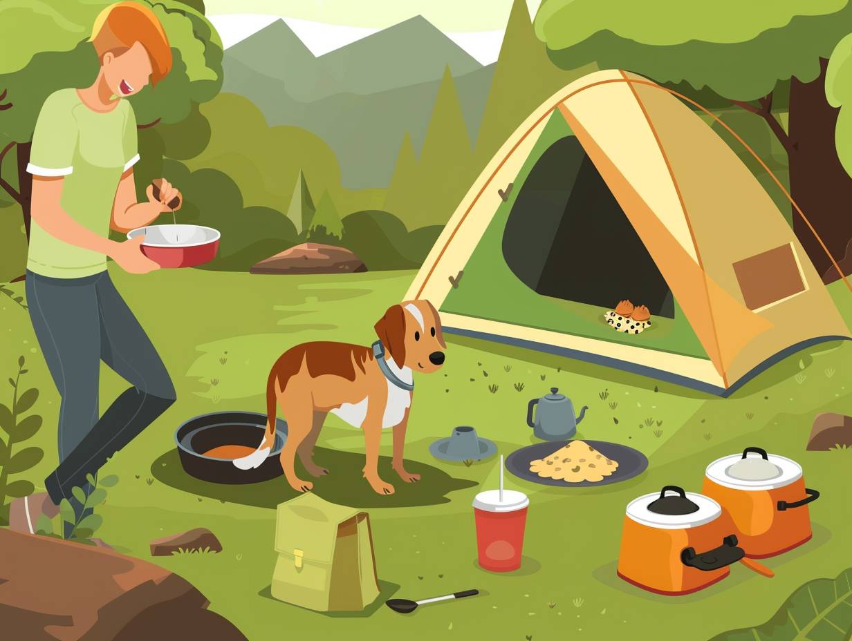 A campsite with a dog bowl portable food container and a pet eating area with a pet owner preparing petfriendly meals with separate utensils