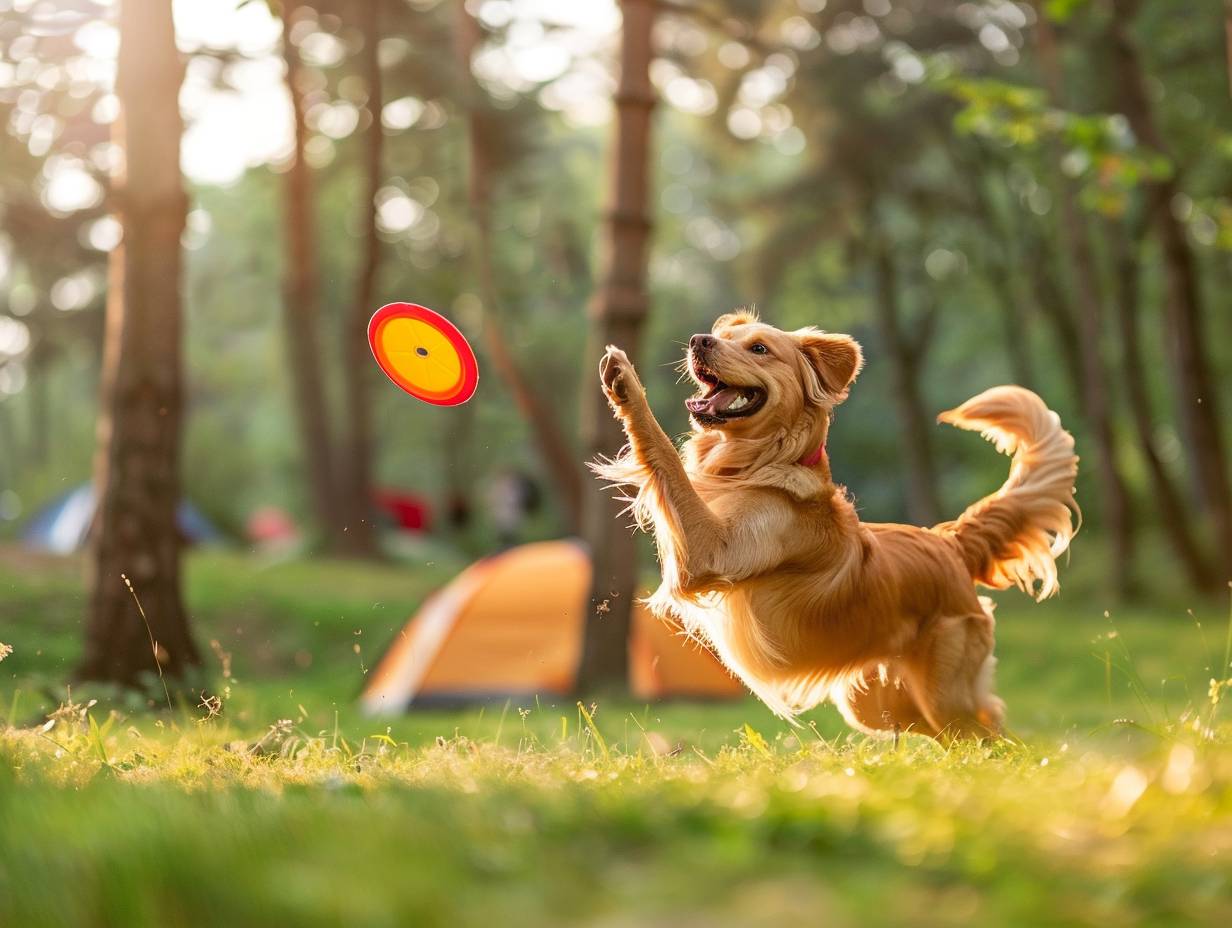 A dog playing fetch with a frisbee in a grassy campsite surrounded by trees and a tent in the background