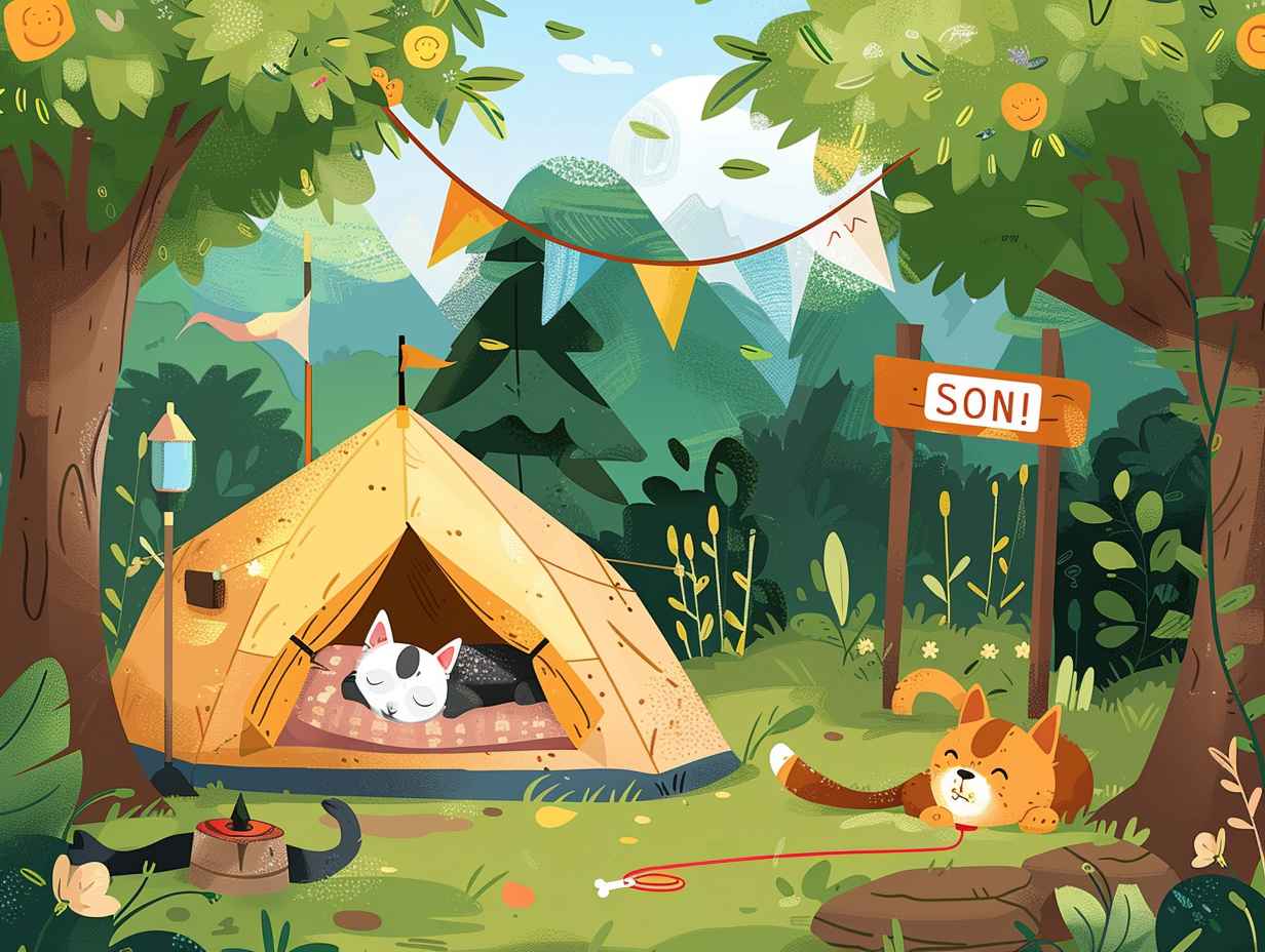 A cozy campsite with a dog sleeping in a pet tent, a cat exploring the surroundings, a leash tied to a tree, and pet-friendly signs.