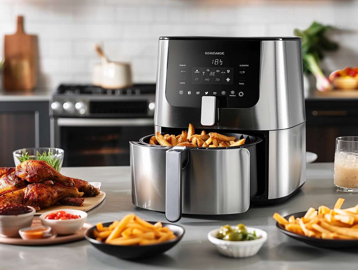 A sleek stainless steel air fryer with digital display and touch controls, surrounded by perfectly cooked crispy dishes including French fries, chicken wings, and roasted vegetables.