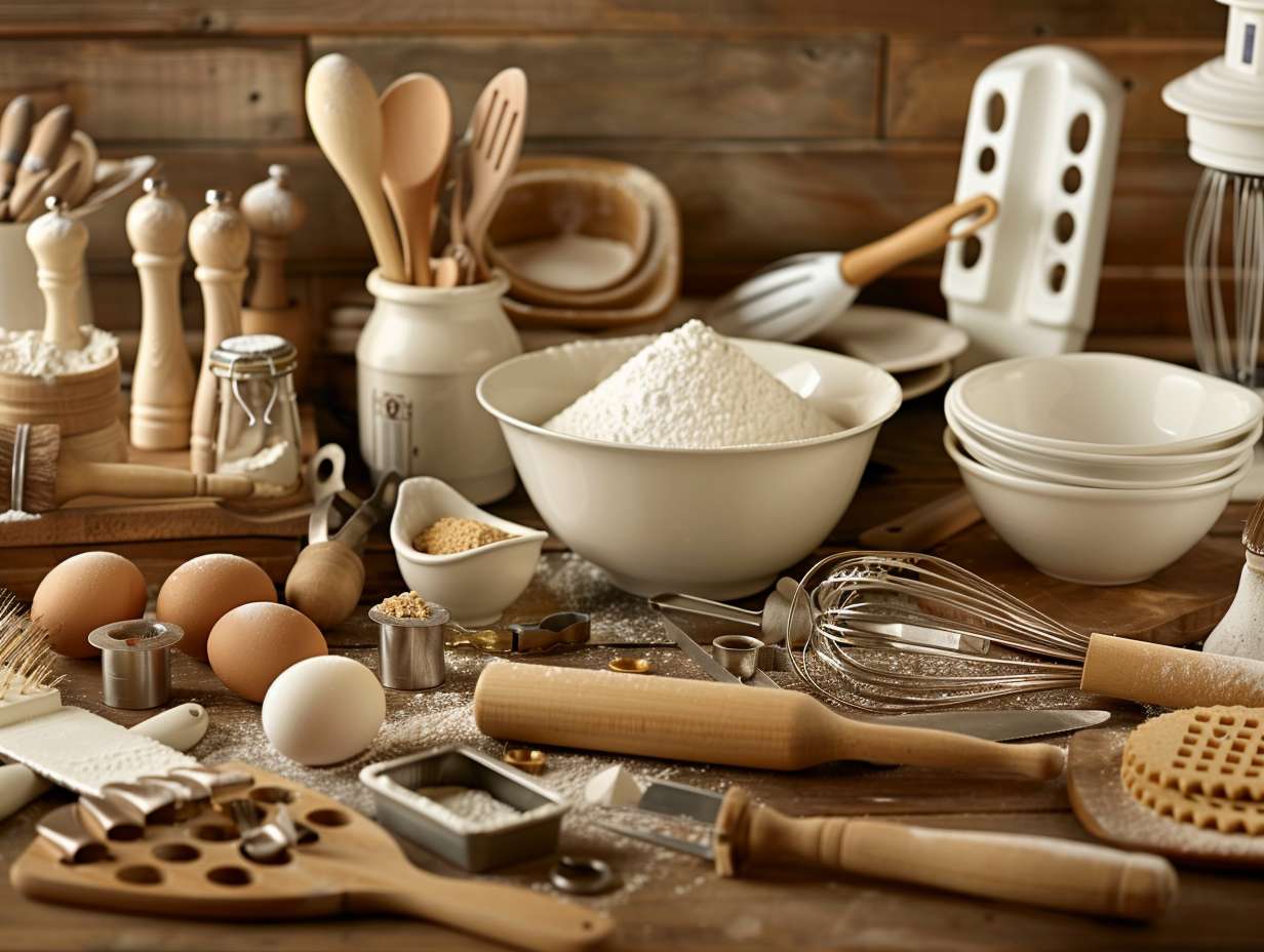 Various baking tools and equipment including mixing bowls measuring cups rolling pins pastry brushes and cookie cutters in a wellorganized kitchen setting