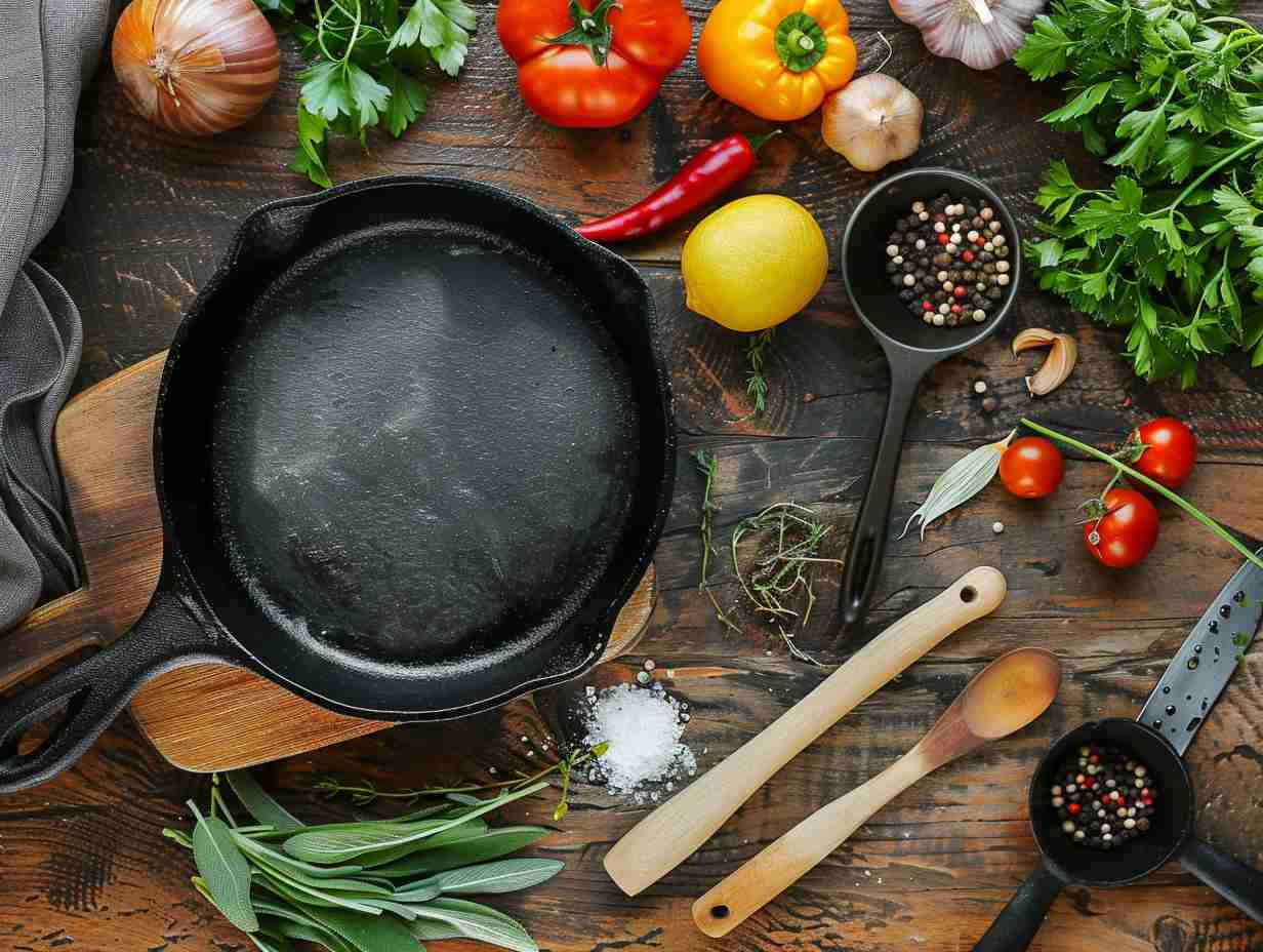 A well-used cast iron skillet surrounded by fresh herbs, colorful vegetables, and kitchen utensils on a rustic wooden table.