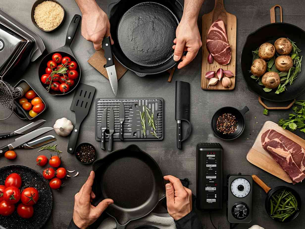 A variety of topquality cooking gear including chef knives cast iron skillets and precision kitchen scales with hands demonstrating pro cooking techniques like knife skills and searing