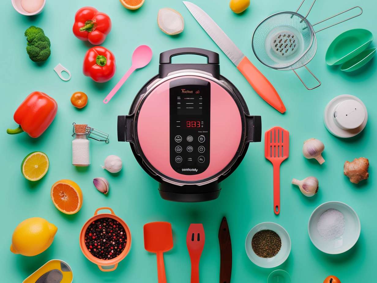 Instant Pot surrounded by steamer basket trivet silicone sealing ring and various ingredients for pressure cooking recipe