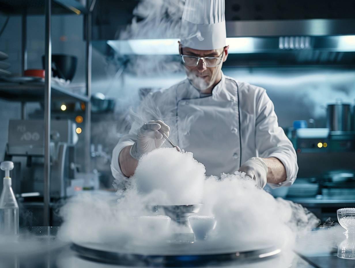 A chef using molecular gastronomy techniques with liquid nitrogen spherification tools and precision scales in a modern kitchen setting