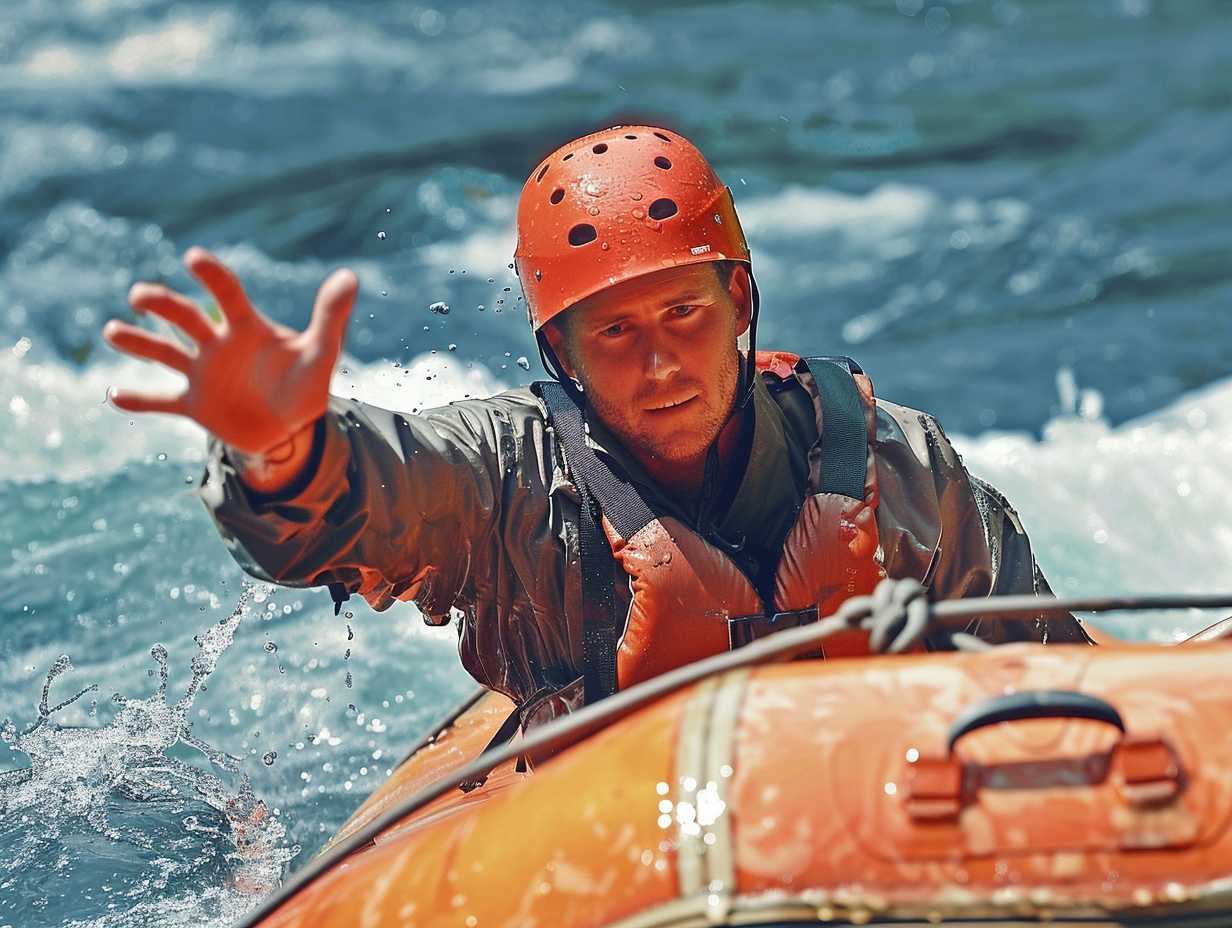 A rafting guide using hand signals to communicate with a rescue team with clear gestures for help direction and safety