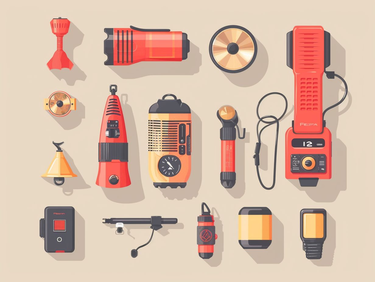 Various emergency signaling devices including whistles signal mirrors flashlights and radios showcasing their differences in size functionality and design