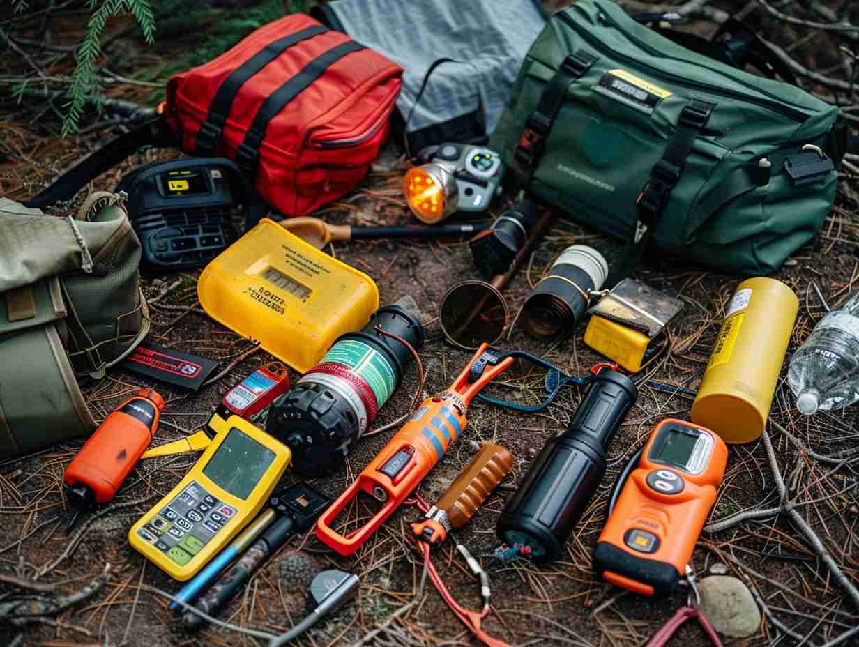 Various emergency signaling devices like flares, whistles, signal mirrors, and satellite phones in a wilderness setting