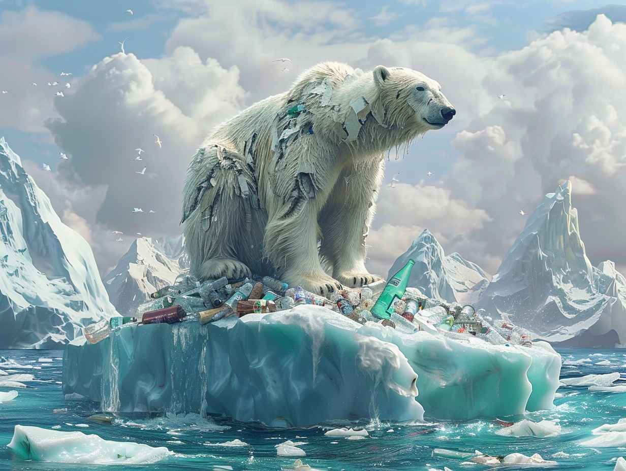 A polar bear stranded on a melting iceberg surrounded by trash and pollution in a vast ocean emphasizing the urgency of climate change and the need for conservation efforts