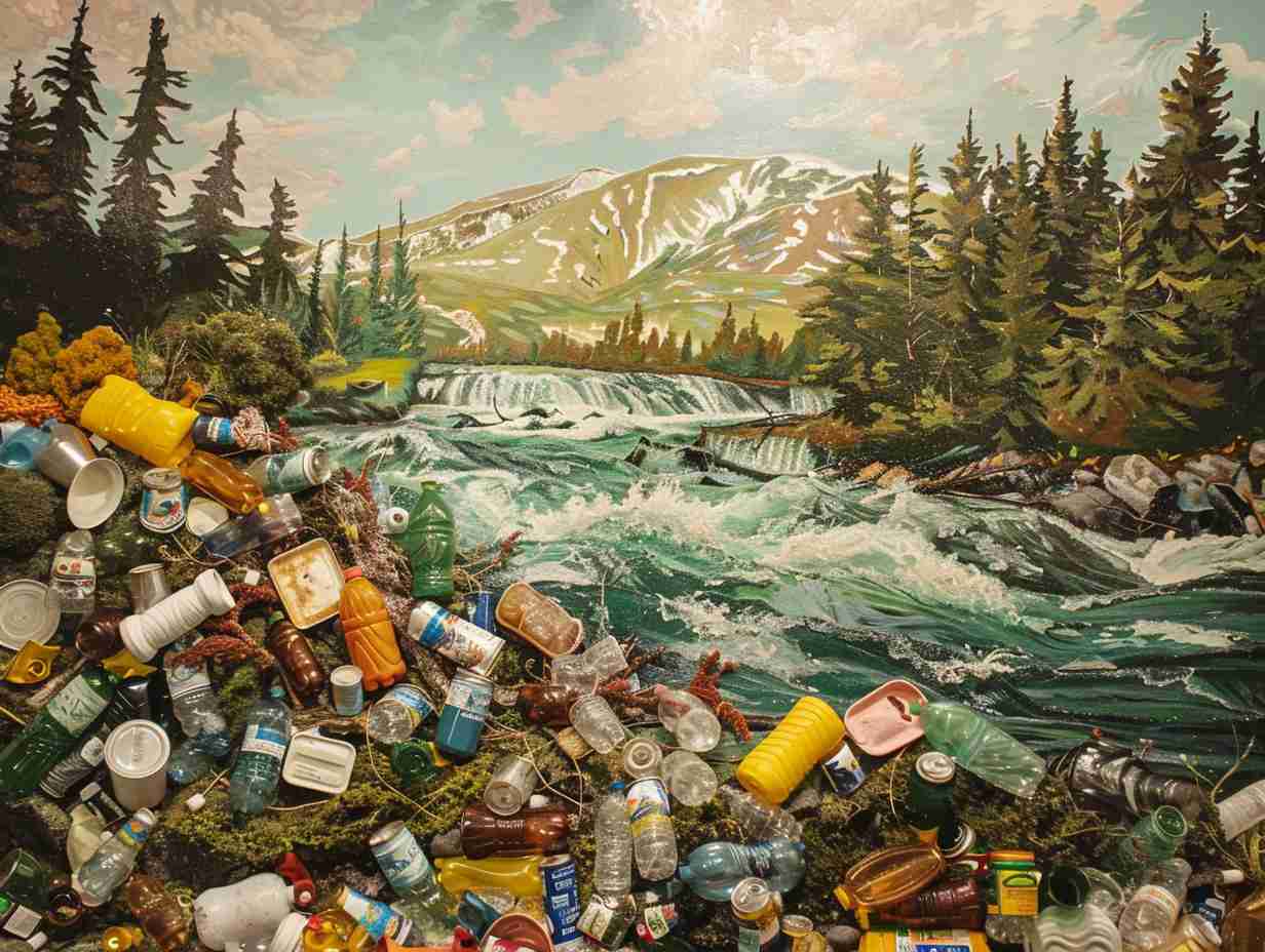 A picturesque river landscape cluttered with discarded plastic water bottles aluminum cans and food wrappers highlighting the waste management challenges faced in rafting areas