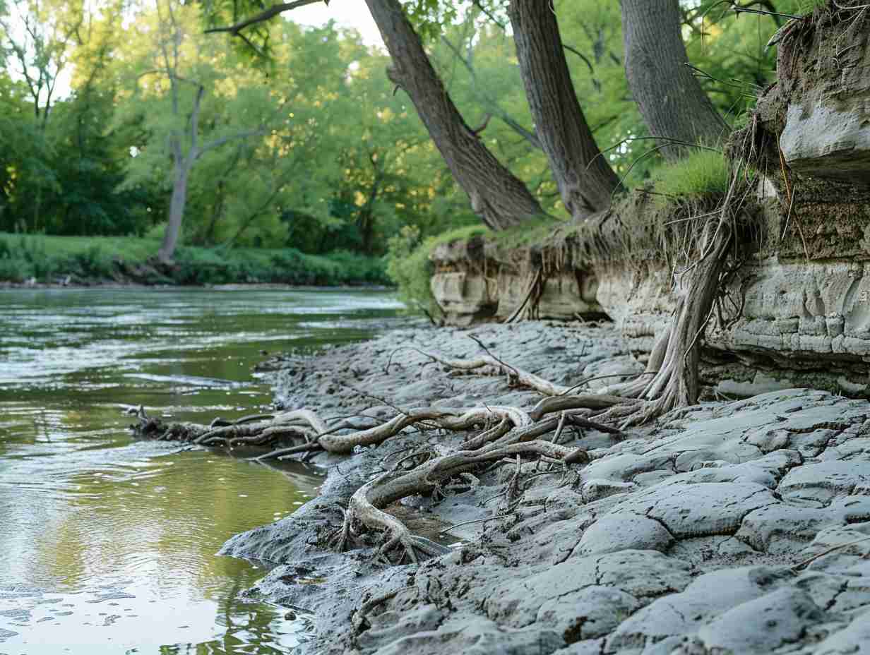 A riverbank with visible signs of erosion including exposed roots crumbling soil and sediment buildup illustrating the environmental impact of rafting on soil erosion