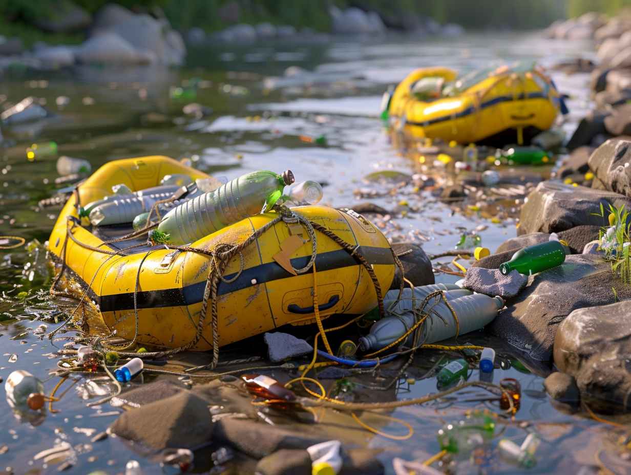 A riverbank covered with plastic bottles, tangled ropes, and deflated rafts, showing the negative environmental impact of rafting.