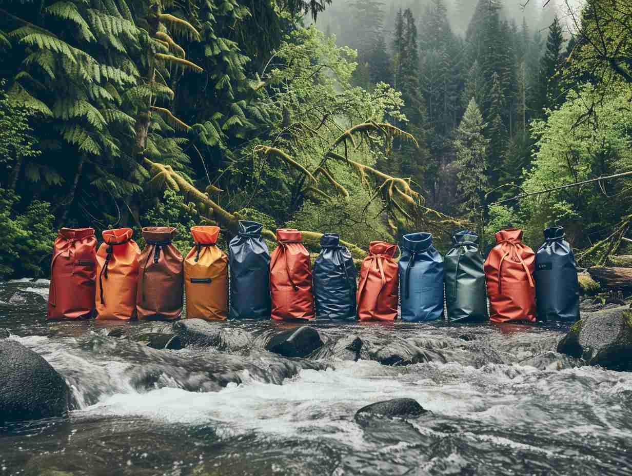 Assorted dry bags in different sizes and colors against a backdrop of a rushing river and dense forest