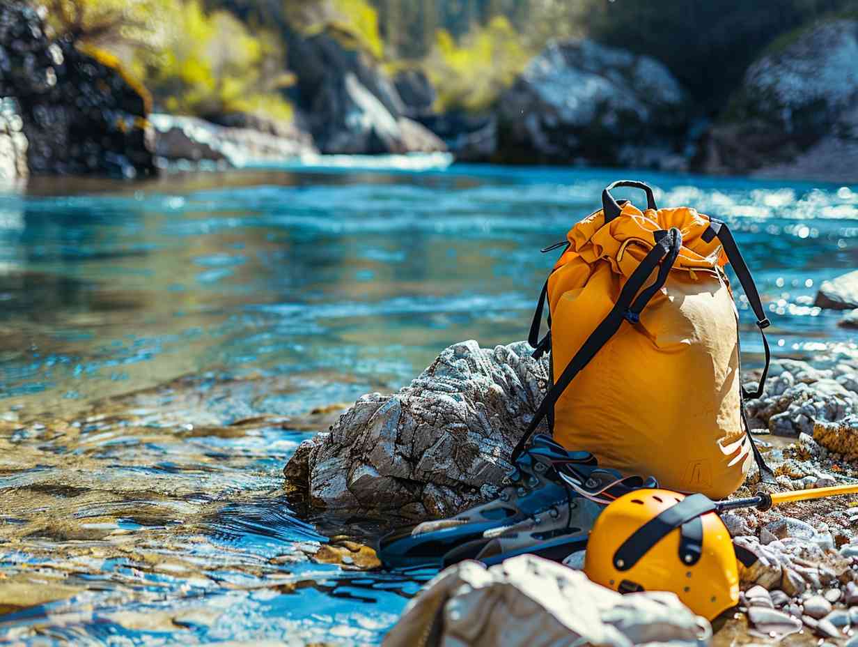 Rafting helmet, life jacket, paddle, and dry bag neatly arranged on a rocky riverbank with a clear blue river in the background