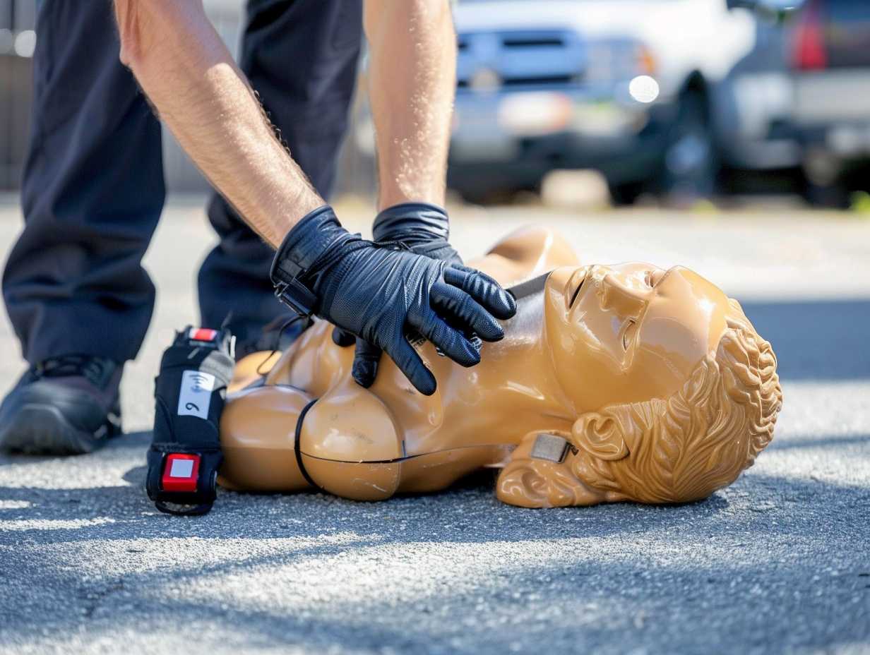 Person performing CPR on a mannequin with AED nearby