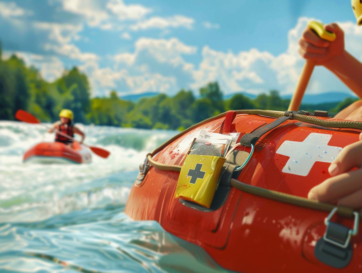 Person on whitewater raft tending to minor hand injury with first aid kit