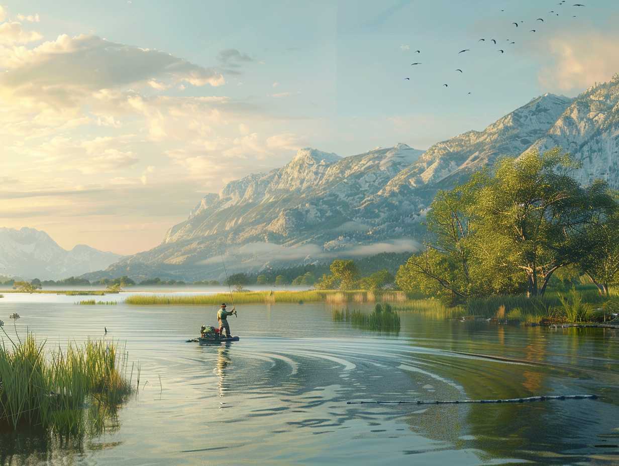 A fisherman demonstrating flawless casting techniques on a serene lake with fishing gear in the background