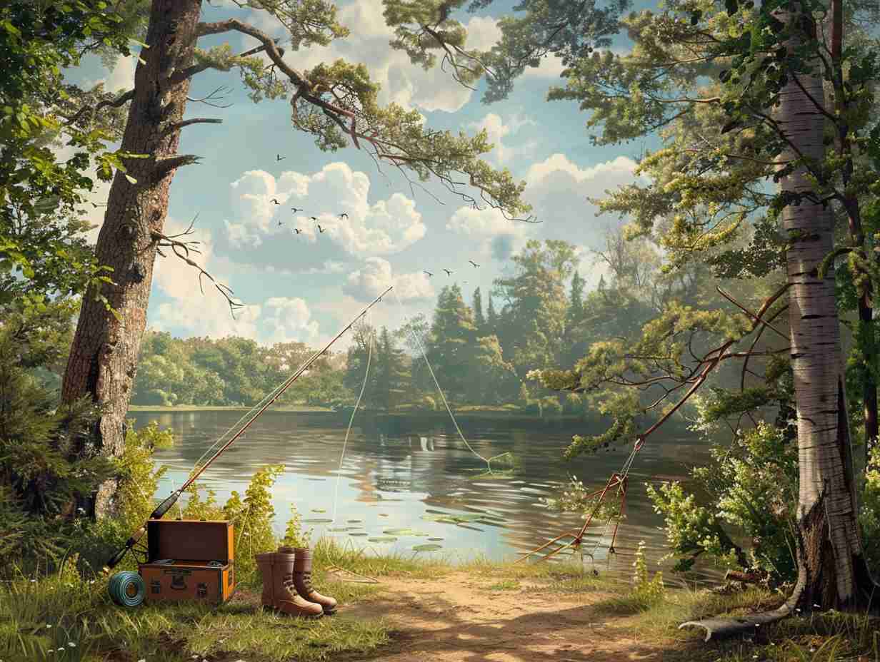 Serene lake with fishing rod, tackle box, and boots